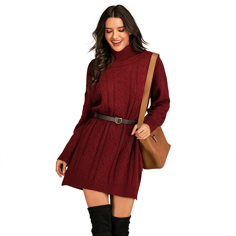 Loose Twist Knit Outer Wear Mid-length Turtleneck Pullover Skirt Women