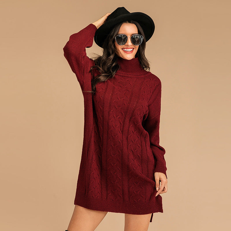 Loose Twist Knit Outer Wear Mid-length Turtleneck Pullover Skirt Women