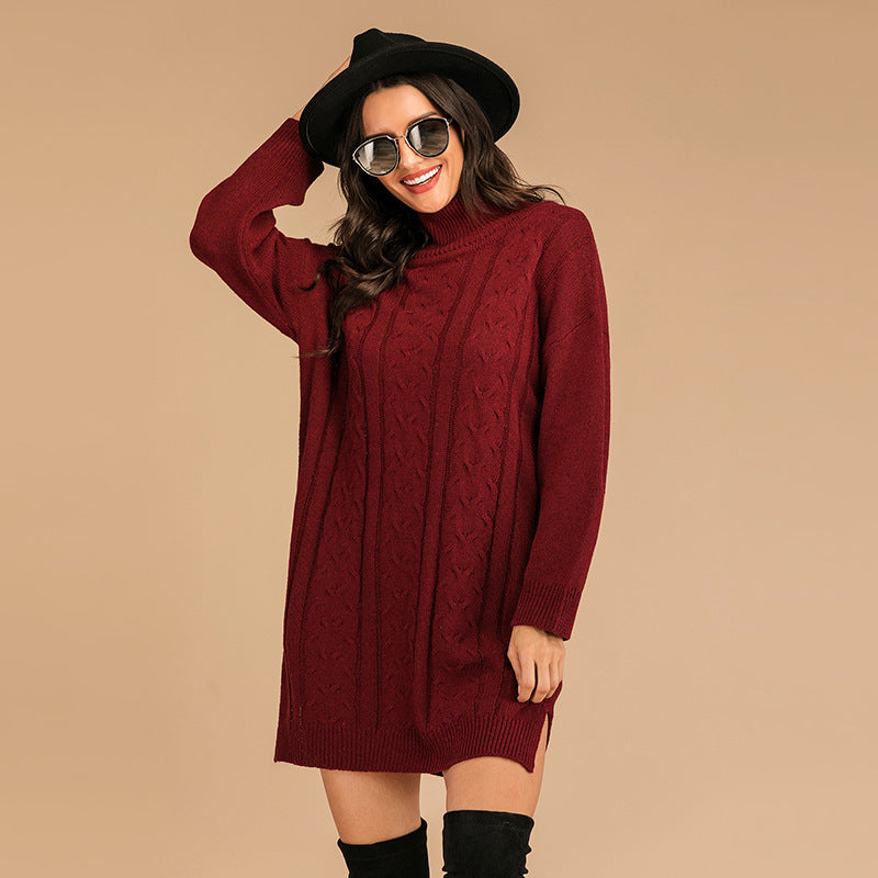 Loose Twist Knit Outer Wear Mid-length Turtleneck Pullover Skirt Women