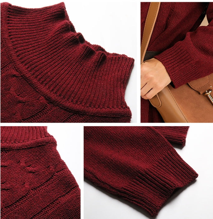 Loose Twist Knit Outer Wear Mid-length Turtleneck Pullover Skirt Women