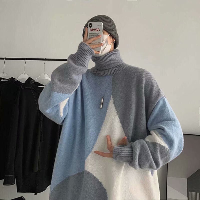 Contrasting Color High-neck Pullover Outer Wear Lazy Wind Thickened Base Sweater Men